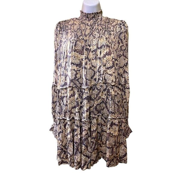 Anthropologie X Karlie Smocked Chiffon Tiered Snake Print Dress Western Festival - Picture 3 of 16